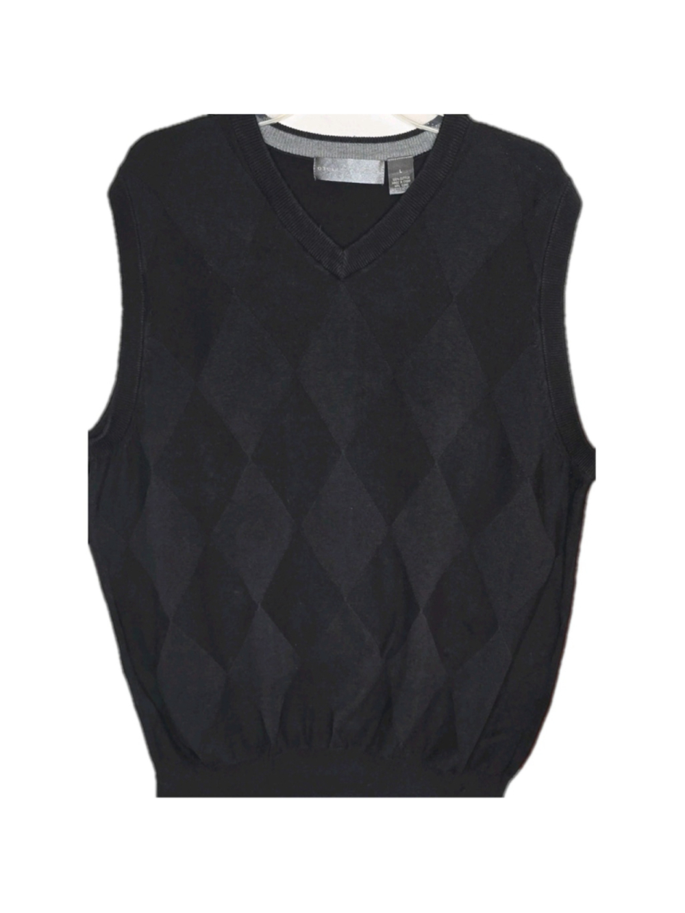 Oscar de la Renta Mens Sweater Vest Large Black Gray Argyle Cotton V-Neck